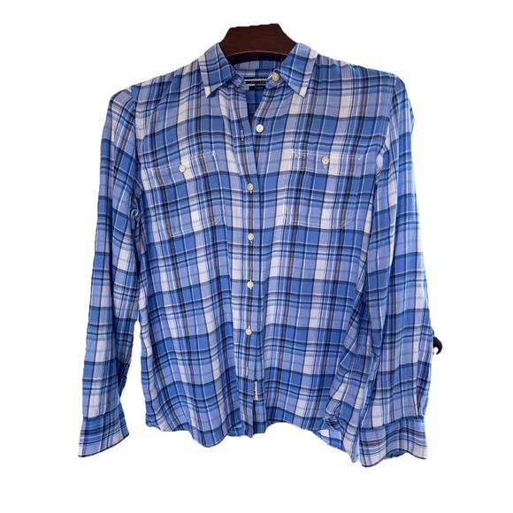 Lauren Jeans‎ Ralph Lauren Shirt Women's Large Blue Plaid Button Up Pockets - Picture 1 of 9